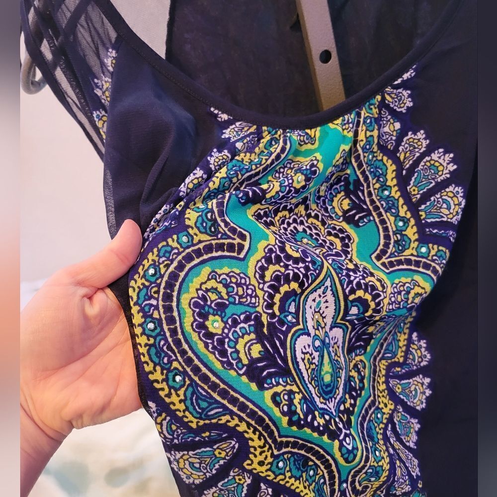 INC International Concepts Navy Blue Sheer Sleeve Paisley Blouse - Picture 4 of 12
